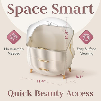 Covered Makeup Cosmetic Countertop - Large Cosmetic Organizer - Trendy Oval Shape Storage for Skin Care Organizer - Clear Lid, Storage Drawers, Carry Handle - Cute Stylish Decor Solution (White)