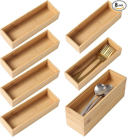 OMISTAR 8 PCS Wooden Drawer Organizers, Stackable Utensil Cutlery Storage Trays, Kitchen Utensils Organizer, Wooden Holder Drawer Organization for Stationery, Cosmetics, Office Supplies