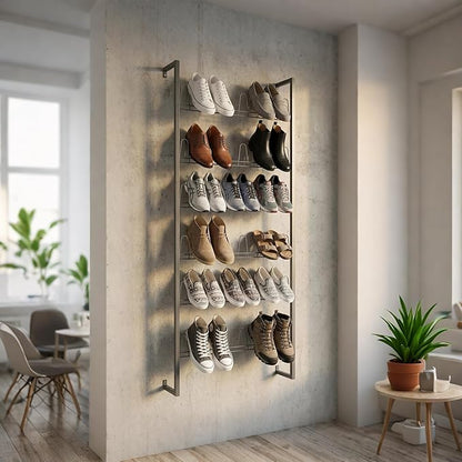Gdrasuya10 Black Metal Hanging Wall Shoe Rack for Closet, Mudroom and Entryway, 6 Tier 70" Tall Wall Mounted Space Saving Boot and Shoe Rack Organizer, Holds 18 Pairs