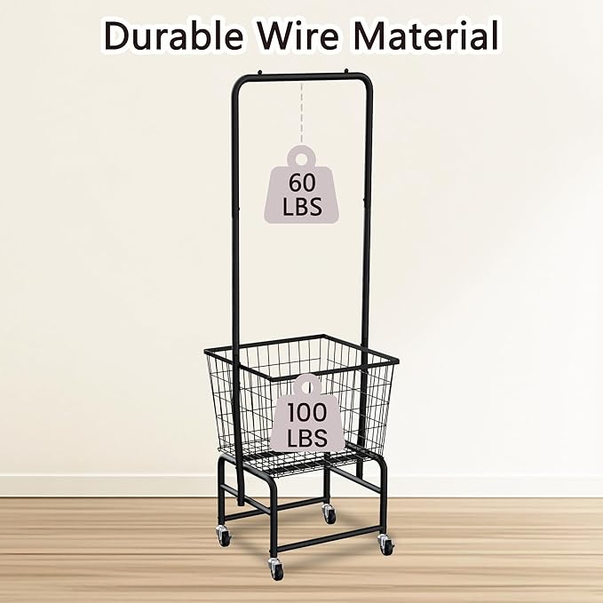 Rolling Laundry Cart with Wheels, Extra Large Laundry Hamper Basket Organizer with Clothes Hanging Rack, Wire Storage Cloth Shelf Butler, Black