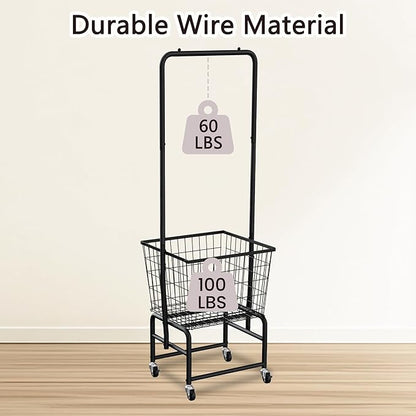 Rolling Laundry Cart with Wheels, Extra Large Laundry Hamper Basket Organizer with Clothes Hanging Rack, Wire Storage Cloth Shelf Butler, Black