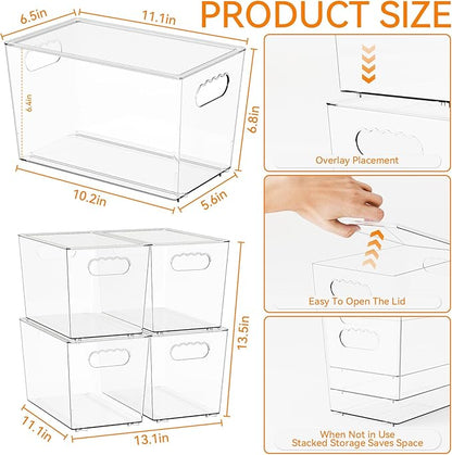 Yieach 4 Pack Large Stackable Clear Storage Bins with Lids,BPA FREE Pantry Organizers and Storage with Handle,Plastic Containers Organization and Storage for Kitchen,Refrigerator,Closet Organization