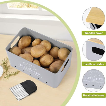 Kitchen Vegetable Storage Set of 3, Metal Onion Garlic Potato Storage Set, Kitchen Canisters Vegetable Keeper Containers with Aerating Holes and Wooden Lid (Grey)