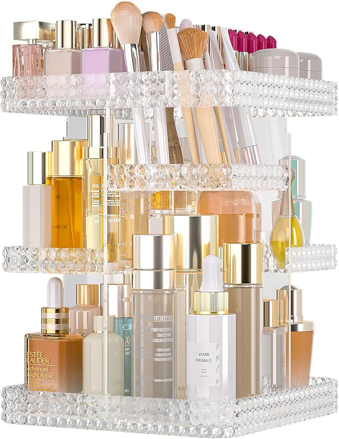 Rotating Makeup Organizer with Makeup Brush Holder,Large Capacity Perfume Organizer for Vanity Countertop,Acrylic Skincare Organizers Spinning Holder Storage Rack (Clear)