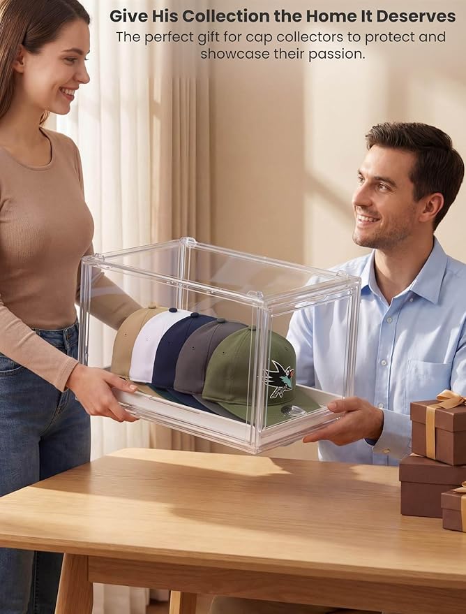 OKPOW Hat Organizer for Baseball Caps: 2 Pack Stackable Clear Display Box with Slide Drawer & Magnetic Door – Holds up to 16 Caps, Dust-Free, Tool-Free Assembly