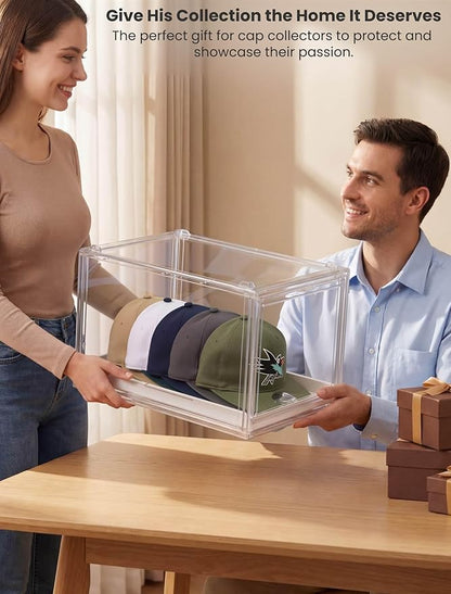 OKPOW Hat Organizer for Baseball Caps: 2 Pack Stackable Clear Display Box with Slide Drawer & Magnetic Door – Holds up to 16 Caps, Dust-Free, Tool-Free Assembly