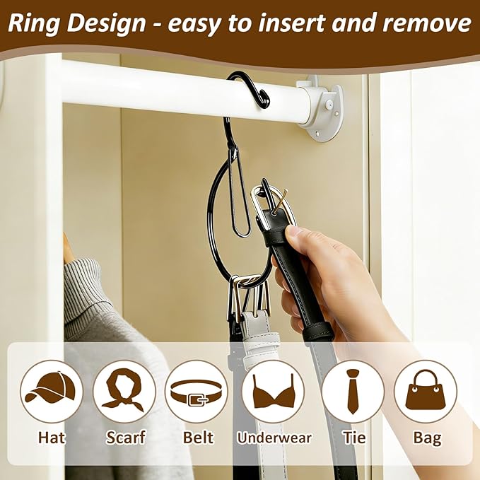 4 Pack Belt Hanger for Closet, Multipurpose Closet Hanger with S Hook, Rust-Resistant Metal Belt Organizer & Tie Rack for Belts, Ties, Scarves, Hats, Bags, Space Saving Wardrobe Storage (Black)
