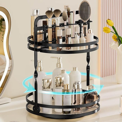 Rotating Makeup Vanity Organizer, 360 Spinning Perfume Organizer for Dresser, 2 Tier Bathroom Countertop Organizer, Black Lazy Susan Skincare Storage, Cosmetic Display Case with Brush Holder