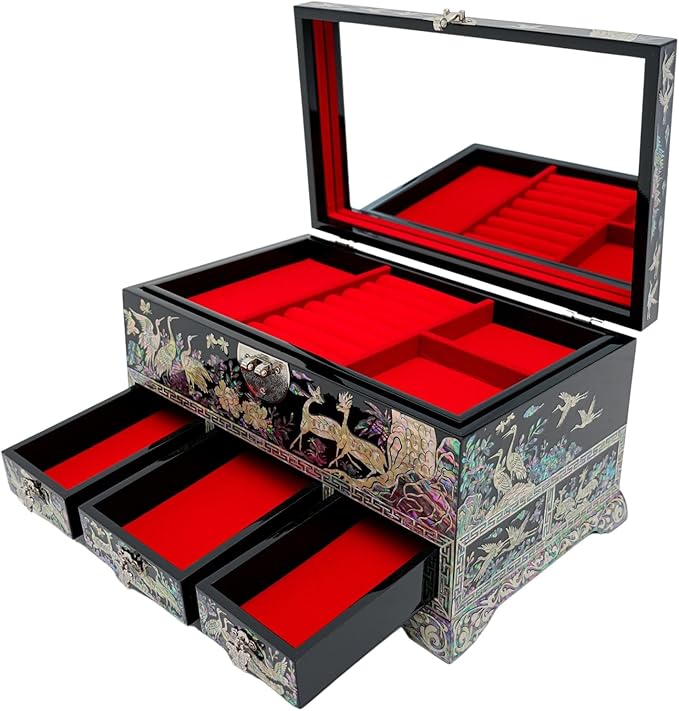 February Mountain Lockable Korean Mother-of-Pearl Jewelry Box - Najeon Chilgi Lacquerware with Crane and Floral Design, Vibrant Black Finish, Handmade (Black)