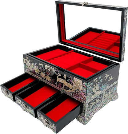 February Mountain Lockable Korean Mother-of-Pearl Jewelry Box - Najeon Chilgi Lacquerware with Crane and Floral Design, Vibrant Black Finish, Handmade (Black)