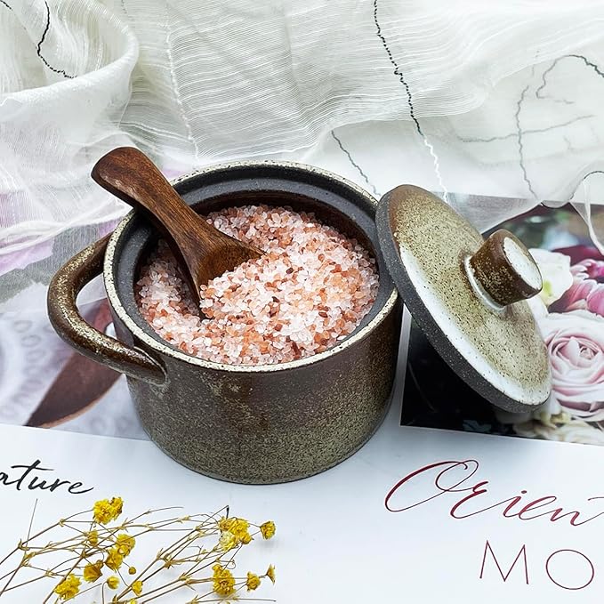8 oz Ceramic Salt Cellar with Lid & Wooden Spoon,Countertop Salt Container,Sugar Bowl,Spices Jar|Terracotta Home Kitchen Decor(Coarse Pottery Color)