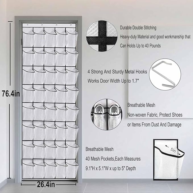 40 Large Mesh Pocket Over the Door Shoe Organizer,Hanging Shoe Rack for Door,Shoes Organizer Hanger with Large Capacity (black)