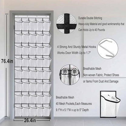 40 Large Mesh Pocket Over the Door Shoe Organizer,Hanging Shoe Rack for Door,Shoes Organizer Hanger with Large Capacity (black)