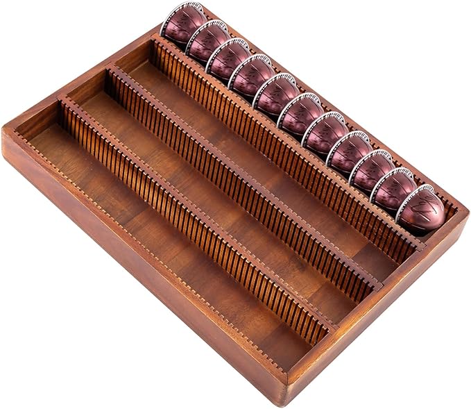 Acacia Wood Coffee Pod Holder Tray Compatible with Nespresso Vertuo, Pods Organizer Drawer Insert, Storage, Stand, Container, Capsule Holder for Coffee Bar Countertop, 40 Big or 60 Small Pods Capacity