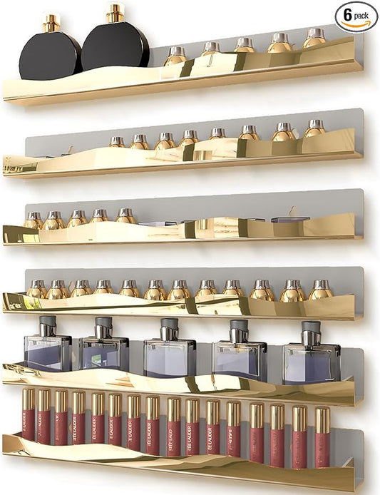 YMVV Wall-Mounted Nail Polish Shelves, 5-Inch Gold Mirror Finish Nail Polish Organizer Rack, Makeup Sunglasses Essential Oil Storage Display Rack 6 Pack