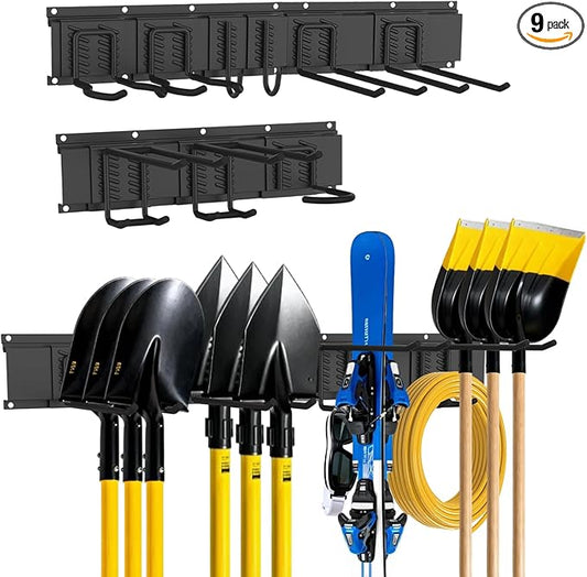 Garage Tool Organizer Wall Mount, Easy to 64inch Install Heavy-Duty Garage Storage System with Adjustable 9 Hooks, Garden Tool Rack for Shovels, Rakes, Yard Tools