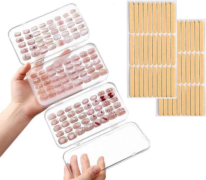 Tri-Fold Press on Nail Storage Box,Portable Press on Nails Organizer Case with 60 Pcs Adhesive Double Sided Tape,Acrylic Nail Storage Box for All Size Fake Nails Home Travel Use