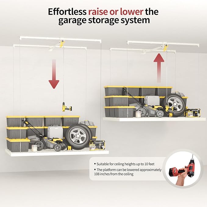 Garage Ceiling Storage Racks – 4x8 FT Overhead Garage Storage Rack with Safety Lock, Heavy-Duty Ceiling Mounted Lift System and Storage Organizer, Ideal for Maximizing Overhead Space, 325 lbs Capacity