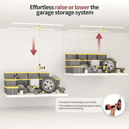 Garage Ceiling Storage Racks – 4x8 FT Overhead Garage Storage Rack with Safety Lock, Heavy-Duty Ceiling Mounted Lift System and Storage Organizer, Ideal for Maximizing Overhead Space, 325 lbs Capacity