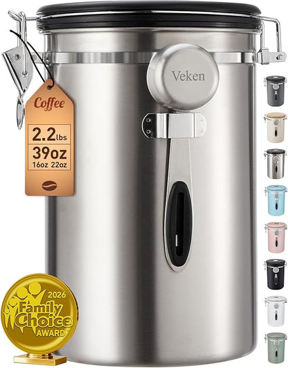 Veken Coffee Canister, 39OZ Large, Airtight Stainless Steel Food Storage Container for 2.2lbs Coffee Beans, Ground, Sugar, Tea, Flour, Cereal, Kitchen Bar Accessories with Date Tracker & Scoop, Silver