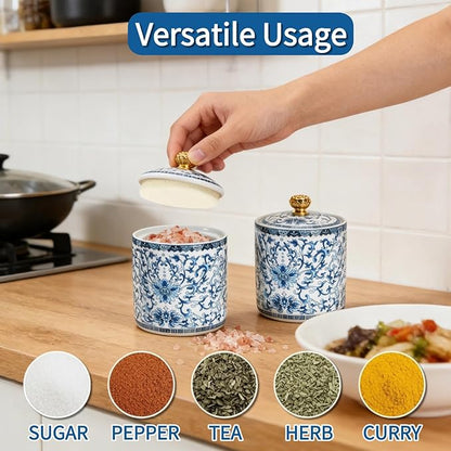 2 Pack Blue and White Porcelain Salt Cellar with Lid, Vintage Ceramic Salt Containers for Countertop, Small Airtight Salt Storage Box, Seasoning Holder, Spice Jars for Sugar, Candy, Herbs