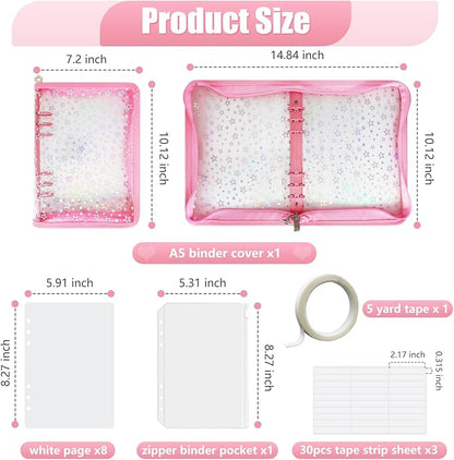 DHATMYC Press On Nail Storage Organizer Binder with 8 Insert Pages - A5 Size Reusable Fake Nail Swatch Star Collecting Book Polish Color Display Holder Container with Tape and Zipper Pocket (PINK)