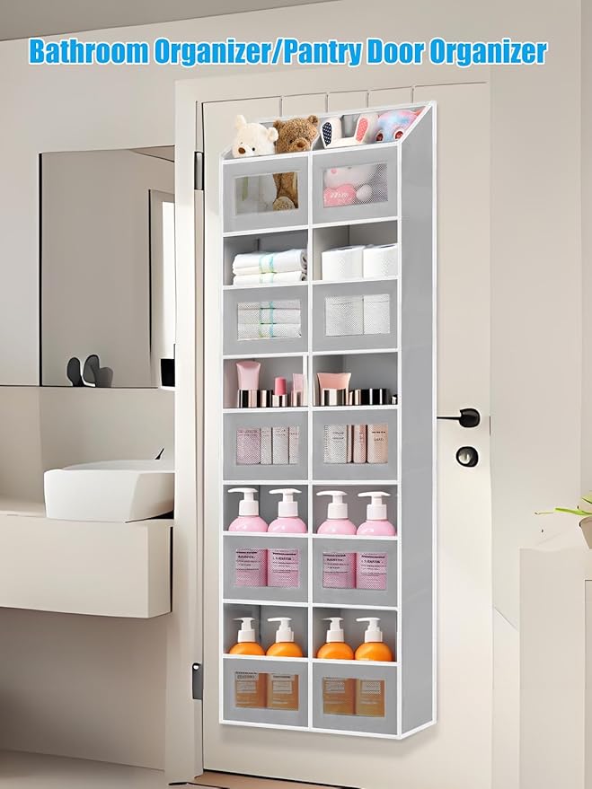 Over the Door Organizer Hanging- 10 Compartments, 80 lbs Load Behind Door Stuffed Animal Storage, Extra Large Toys Storage Organization for Bedroom, Bathroom, Closet, Nursery, Shoes, Diaper (grey)