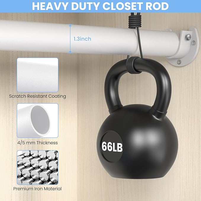2 Pack Closet Rods for Hanging Clothes, 17 to 54 Inch Heavy Duty Stepless Adjustable Closet Hanging Rod, 1.3 Inch Diameter Metal Closet Rod for Wardrobes Laundry Bedroom RV, White
