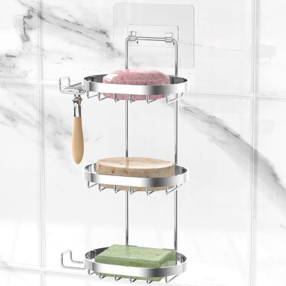 MASADI 3 Tier Soap Dish Holder, Soap Bar Holder with Hooks, Shampoo Bar Caddy for Shower Wall, Razor Holder for Shower, Bar Soap Container 304 Stainless Steel, Bathroom(Silver)
