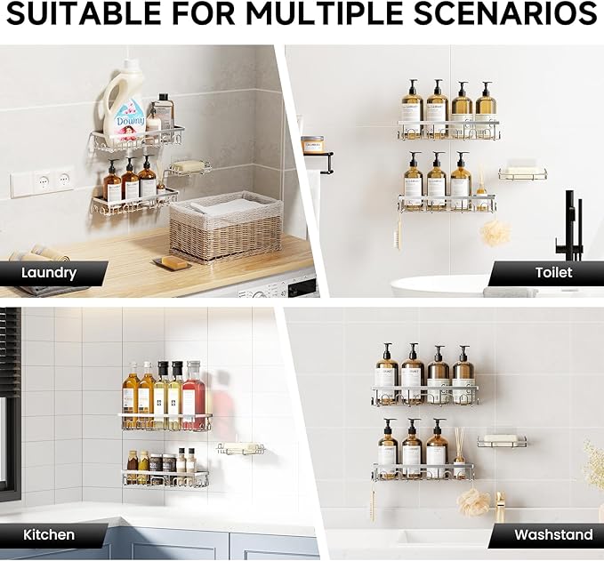 Shower Caddy, 3 Pack Shower Shelves for Inside Bathroom, Rustproof Adhesive Bathroom Organizer with Soap Holder, No Drilling Washroom Organizers and Storage for Tub Room/Kitchen/Home, Silver