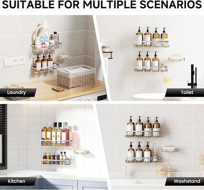 Shower Caddy, 3 Pack Shower Shelves for Inside Bathroom, Rustproof Adhesive Bathroom Organizer with Soap Holder, No Drilling Washroom Organizers and Storage for Tub Room/Kitchen/Home, Silver