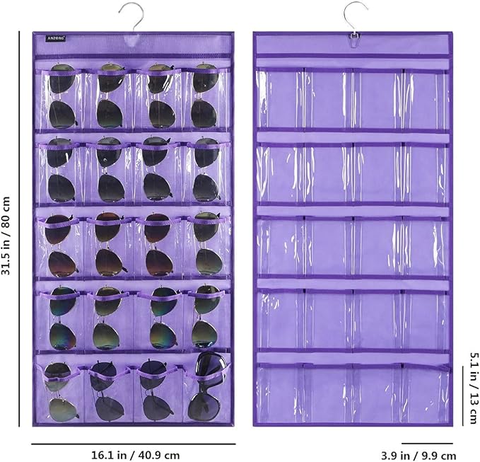 Dual Sided Hanging Sunglasses Organizer Storage Wall Mounted Eyeglasses Holder Eyewear Display Case with 40 Clear Slots (40 Pockets-Purple)