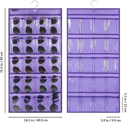 Dual Sided Hanging Sunglasses Organizer Storage Wall Mounted Eyeglasses Holder Eyewear Display Case with 40 Clear Slots (40 Pockets-Purple)