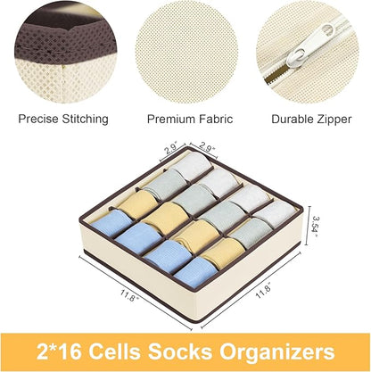Joyoldelf Sock Drawer Organizer Divider Underwear Organizer 16-cell Fabric Dresser Drawer Organizers Storage Boxes for Socks Lingerie, Handkerchiefs, Ties (Beige)