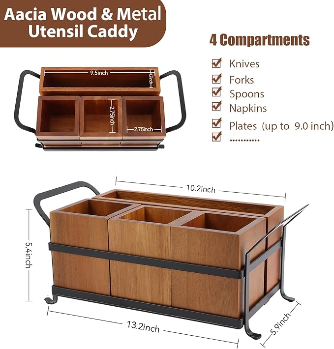 Silverware Caddy Acacia Wood Silverware holder for Party Utensil Caddy with Metal Handle Paper Plate Organizer Cutlery Holder Flatware Organizer for Spoons Forks Napkins
