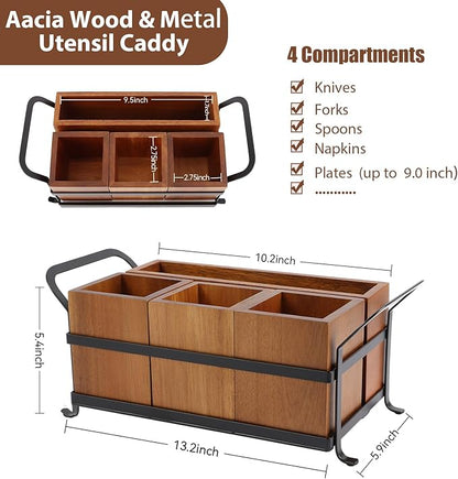 Silverware Caddy Acacia Wood Silverware holder for Party Utensil Caddy with Metal Handle Paper Plate Organizer Cutlery Holder Flatware Organizer for Spoons Forks Napkins