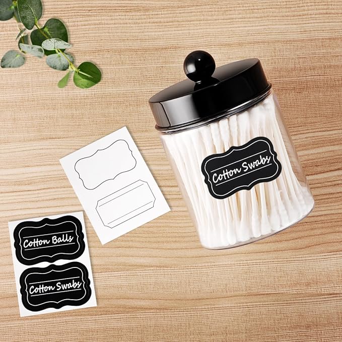 Amolliar Apothecary Jars Bathroom Vanity Storage Organizer Set -Countertop Canister Plastic Acrylic Jar - Farmhouse Decor Qtip Holder for Cotton Swabs,Makeup Sponges,Flossers,Paper Clips -Black(2)