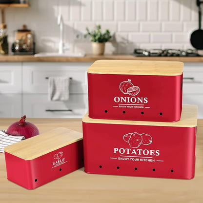 Kitchen Vegetable Storage Set of 3, Metal Onion Garlic Potato Storage Set, Kitchen Canisters Vegetable Keeper Containers with Aerating Holes and Wooden Lid (Red)