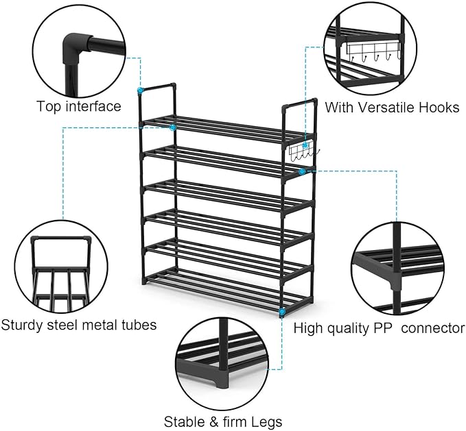 Hsscblet 6 Tiers Metal Shoe Rack,Adjustable Shoe Shelf Storage Organizer with Hooks,Stackable Boot & Shoe Storage,for Entryway,Hallway,Closet,Black