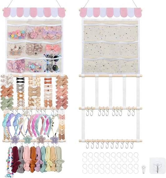New Upgraded Bow Organizer for Girls, Headband Holder w/ 9 Mesh Pockets,Hair Bow Holder Clip Organizer, Wall Hair Accessories Organizer for Baby Girl Nursery Decor(32x15inch,Beige Pink)