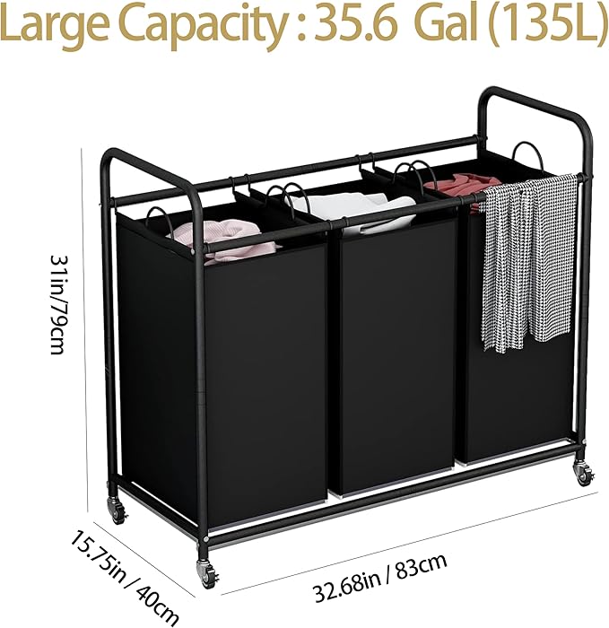 LINZINAR 3-Bag Laundry Basket, Black Laundry Hamper, 35.6 Gal(135 L) Laundry Sorter Cart Laundry Room Organization with Heavy Duty Rolling Lockable Wheels and Removable Bags