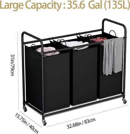 LINZINAR 3-Bag Laundry Basket, Black Laundry Hamper, 35.6 Gal(135 L) Laundry Sorter Cart Laundry Room Organization with Heavy Duty Rolling Lockable Wheels and Removable Bags