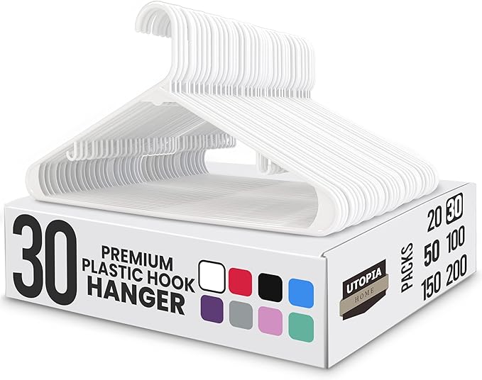 Utopia Home Plastic Hangers 30 Pack - Clothes Hanger with Hooks - Durable & Space Saving (White)
