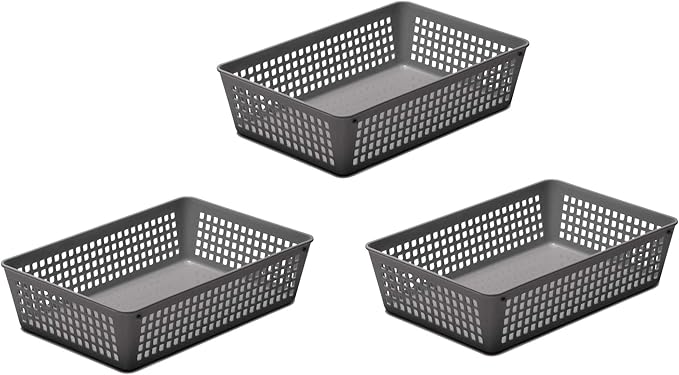 YBM Home 3-Pack Plastic Storage Baskets Bins for Home Junk Drawer, Shelves, and Office Organization, Functional Trays/Containers Great for Kitchen Pantry, Cabinets, Bedrooms, and Bathrooms, Grey