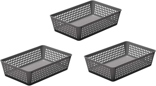 YBM Home 3-Pack Plastic Storage Baskets Bins for Home Junk Drawer, Shelves, and Office Organization, Functional Trays/Containers Great for Kitchen Pantry, Cabinets, Bedrooms, and Bathrooms, Grey