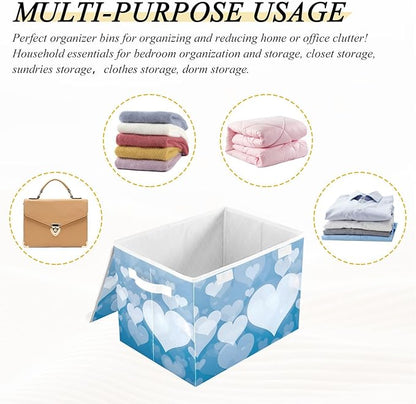 senya Valentines Baskets Collapsible Storage Bins with Lids, Blue Abstract Heart Storage Boxes Clothes Baskets for Organizing