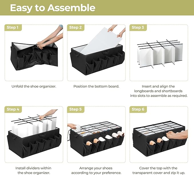 Extra Large Shoe Organizer for Closet, Fits up to 28 Pairs, Fabric Shoe Box Storage Containers with Adjustable Dividers and Clear Cover, Black, 1 Pack