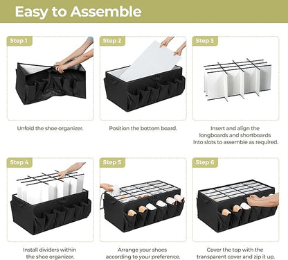Extra Large Shoe Organizer for Closet, Fits up to 28 Pairs, Fabric Shoe Box Storage Containers with Adjustable Dividers and Clear Cover, Black, 1 Pack