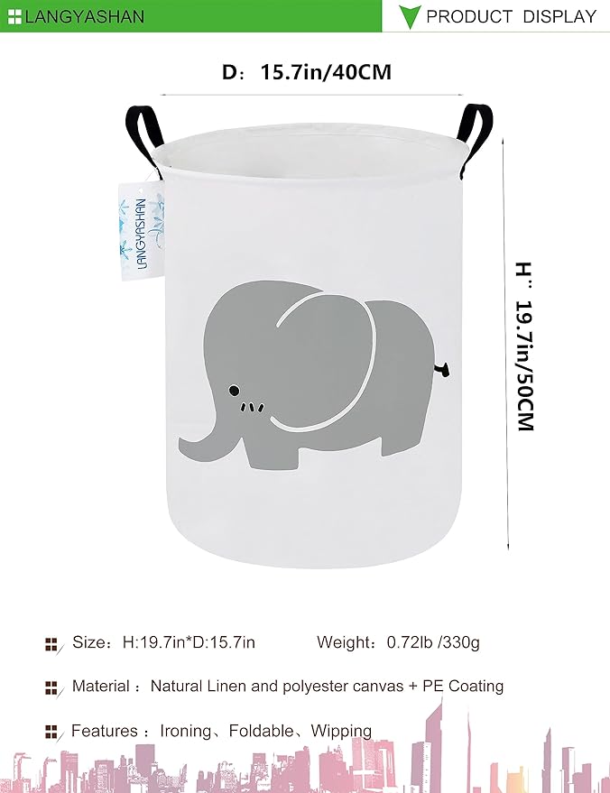 Laundry Basket Canvas Fabric Collapsible Organizer Basket for Storage Bin Toy Bins Gift Baskets Bedroom Clothes Children Nursery Hamper (Elephant)