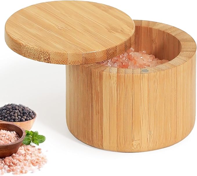 Salt Cellar with Magnetic Swivel Lid, Rustic Bamboo Salt Box for Kitchen for Seasonings/Spices/Candies, Salt Container for All Kinds of Spices/Nuts/Craft Materials, 8.0 Ounce Capacity (1Cup)